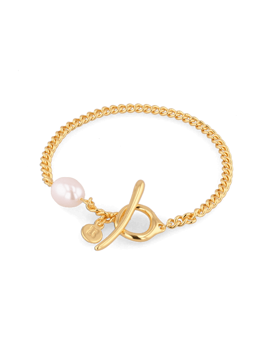 Image of Bracelets. Product name - Cadiz Gold Pearl T-Bar Bracelet in colour by brand - LAVANA