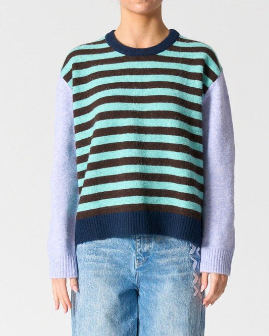 Image of a model wearing Outerwear. Productname: California jumper in Blue Stripe colour by brand - Walnut Melbourne