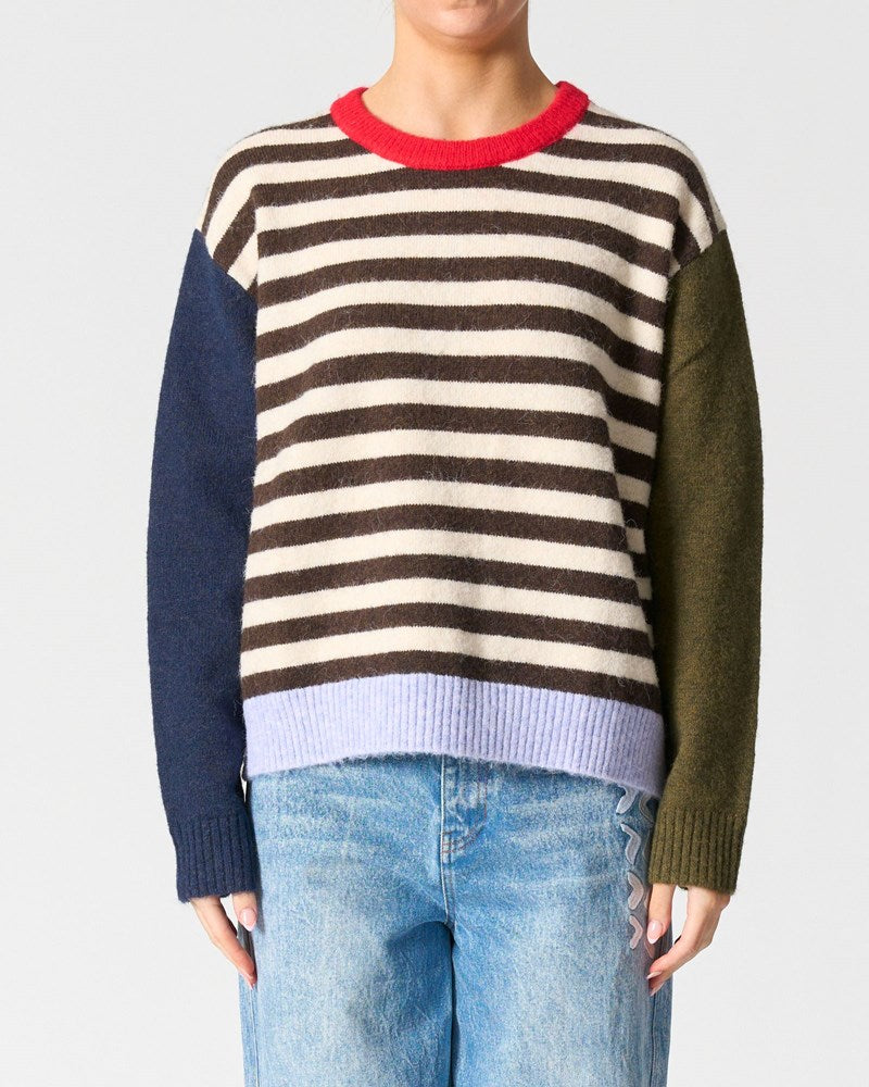 Image of a model wearing Outerwear. Productname: California jumper in Cream Stripe colour by brand - Walnut Melbourne