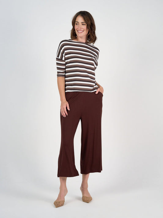 Image of a model wearing Tops. Product name - Camila 3/4 Sleeve Bamboo Top Brown Stripe in Brown Stripe colour by brand - Lou Lou