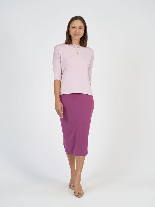 Image of a model wearing Tops. Product name - Camila 3/4 Sleeve Bamboo Top Lilac in Lilac colour by brand - Lou Lou