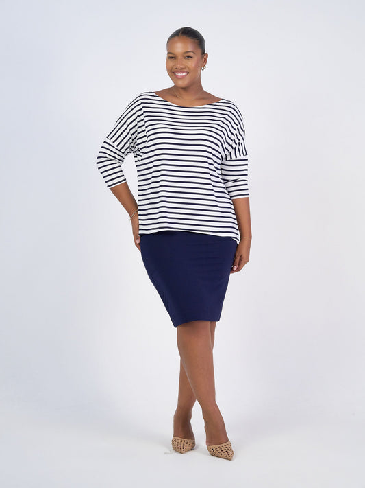 Image of a model wearing Tops. Product name - Camila 3/4 Sleeve Bamboo Top Navy & White Stripe in Navy & White Stripe colour by brand - Lou Lou