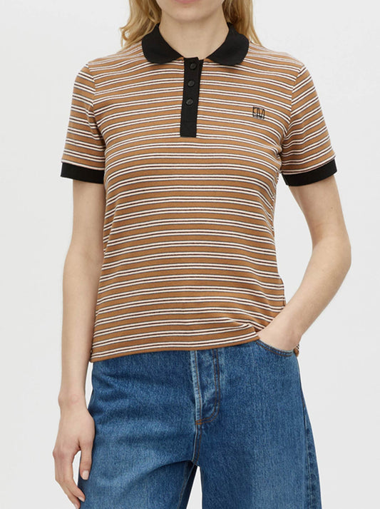Image of a model wearing Tops. Product name - CAMILLA AND MARC PLATINUM SHORT SLEEVE POLO in Tan colour by brand - Camilla And Marc
