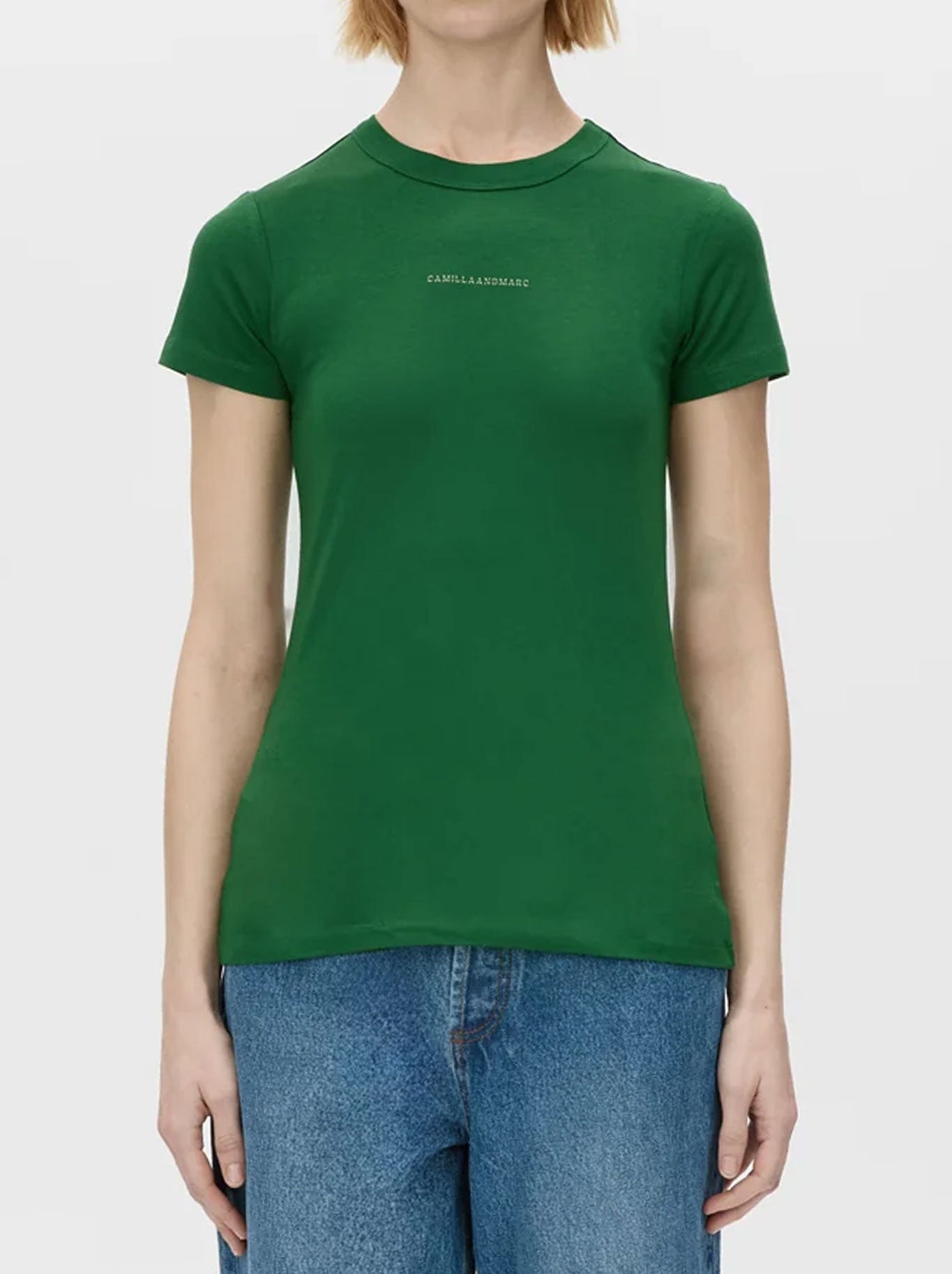 Image of a model wearing Tops. Productname: CAMILLA AND MARC SUVERO SLIM FIT LOGO TEE in Forest Green colour by brand - Camilla And Marc