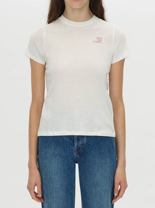 Image of a model wearing Tops. Product name - CAMILLA AND MARC CALISTA FITTED PRINT TEE in Navy colour by brand - Camilla And Marc