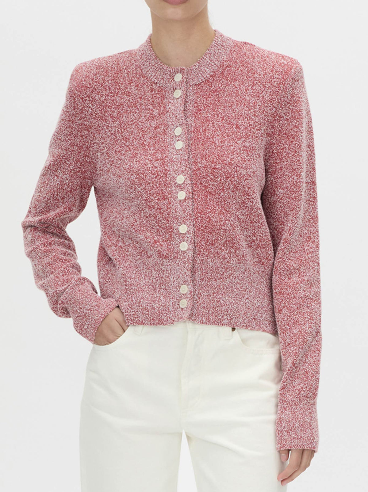 Image of a model wearing Outerwear. Product name - CAMILLA AND MARC SOLEO TEXTURED KNIT CARDIGAN in Water colour by brand - Camilla And Marc