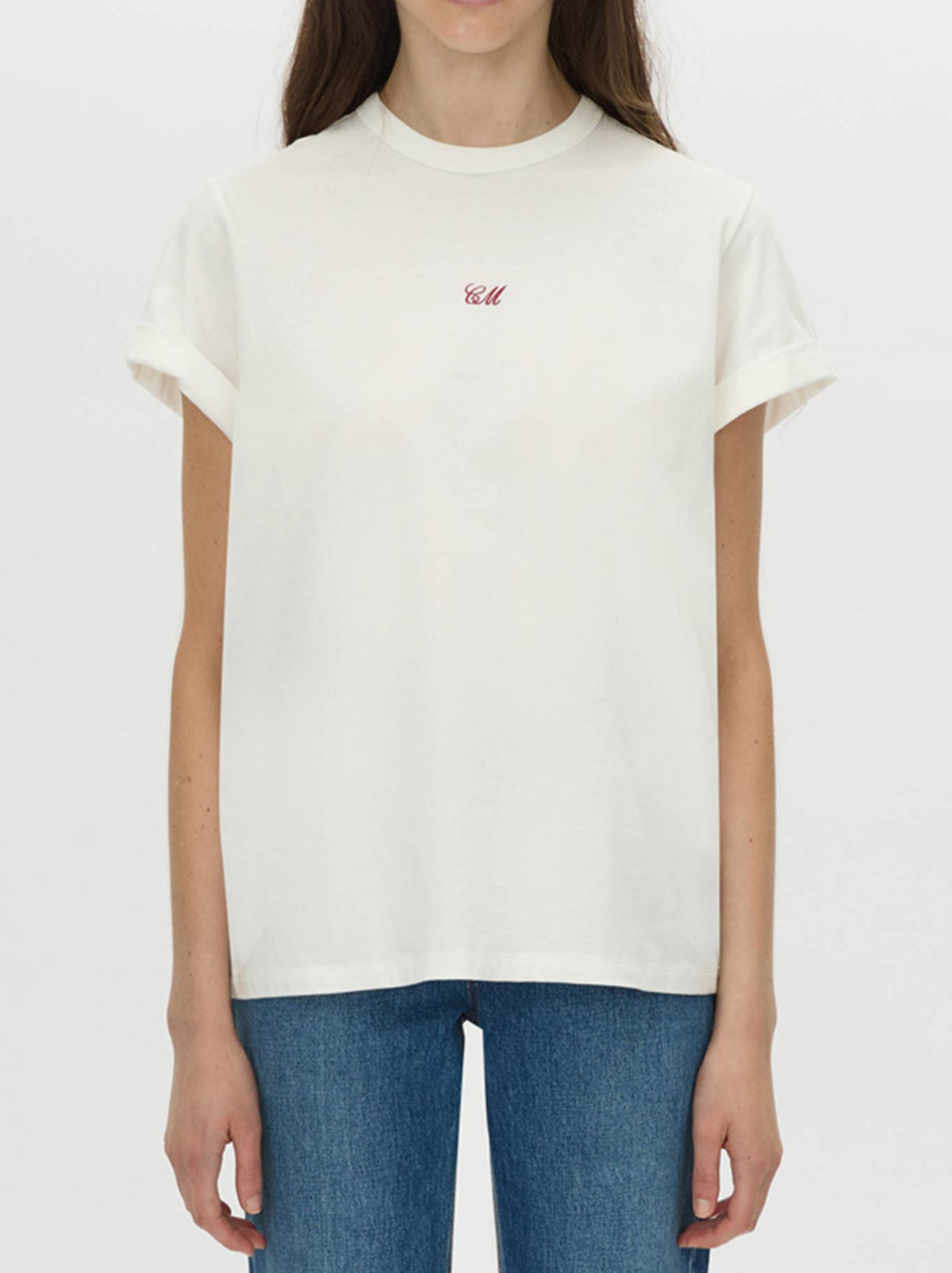 Image of a model wearing Tops. Product name - CAMILLA AND MARC BIRDIE EMBROIDERED TEE in White/Red colour by brand - Camilla And Marc
