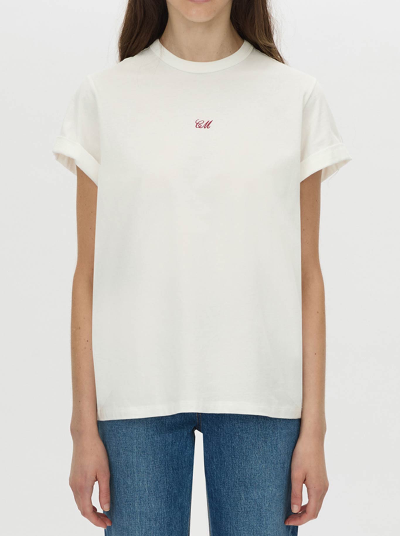 Image of a model wearing Tops. Product name - CAMILLA AND MARC BIRDIE EMBROIDERED TEE in White/Red colour by brand - Camilla And Marc