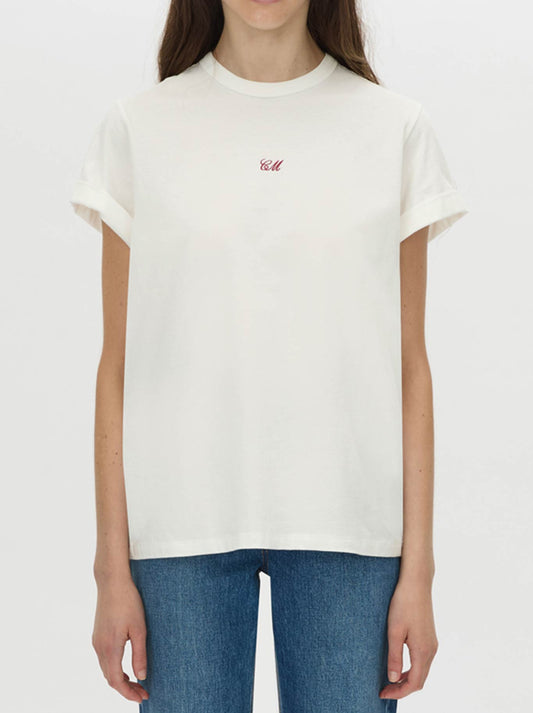 Image of a model wearing Tops. Product name - CAMILLA AND MARC BIRDIE EMBROIDERED TEE in White/Red colour by brand - Camilla And Marc