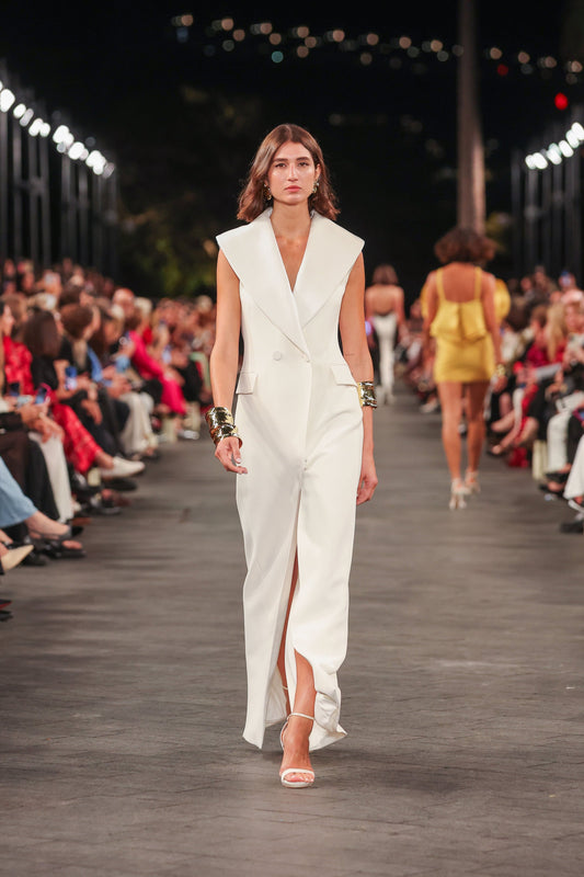 Image of Coats & Jackets. Product name - Ivory Crepe Satin Collar Longline Vest in Print colour by brand - Carla Zampatti