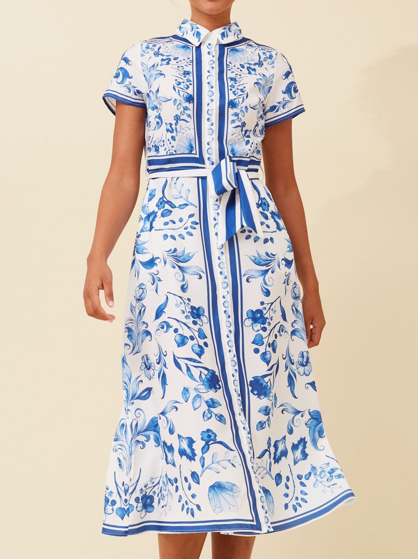 Image of Dresses. Productname: CAROLINE K MORGAN BORDER PRINT SHIRT DRESS in Blue colour by brand - Caroline K Morgan Pty Ltd