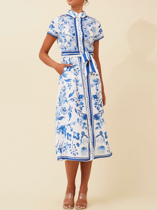 CAROLINE K MORGAN BORDER PRINT SHIRT DRESS (Blue)