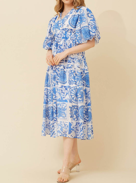 Caroline K Morgan Printed Midi Dress (Blue)