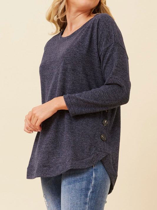 CAROLINE K MORGAN BUTTON DETAIL CURVED HEM TOP (Navy A)