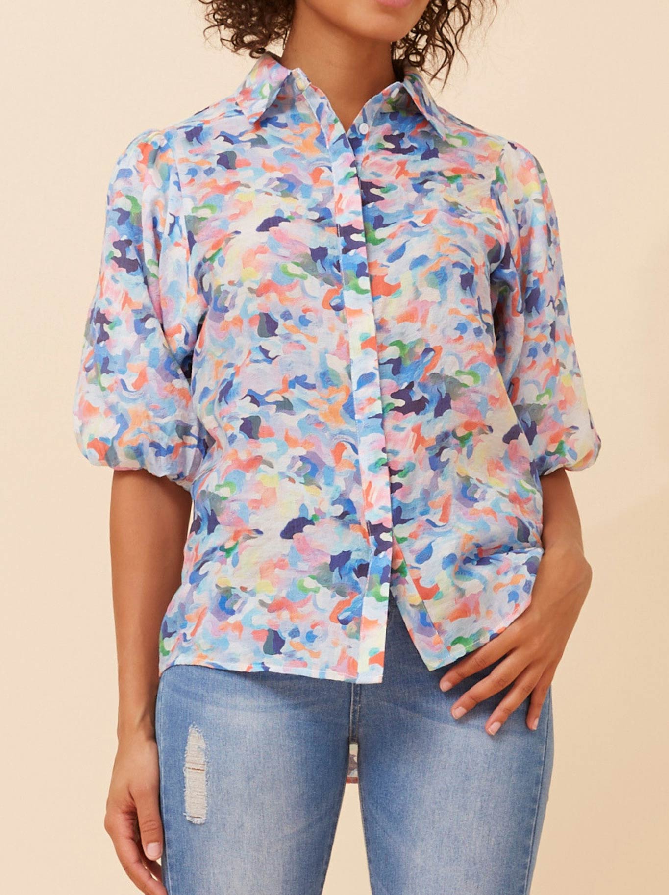 Image of Blouses. Productname: Caroline K Morgan Printed Puff Sleeve Blouse in Multi Blue colour by brand - Caroline K Morgan Pty Ltd