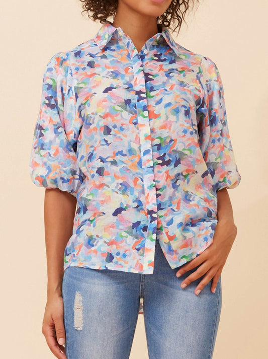 Image of Blouses. Productname: Caroline K Morgan Printed Puff Sleeve Blouse in Multi Blue colour by brand - Caroline K Morgan Pty Ltd