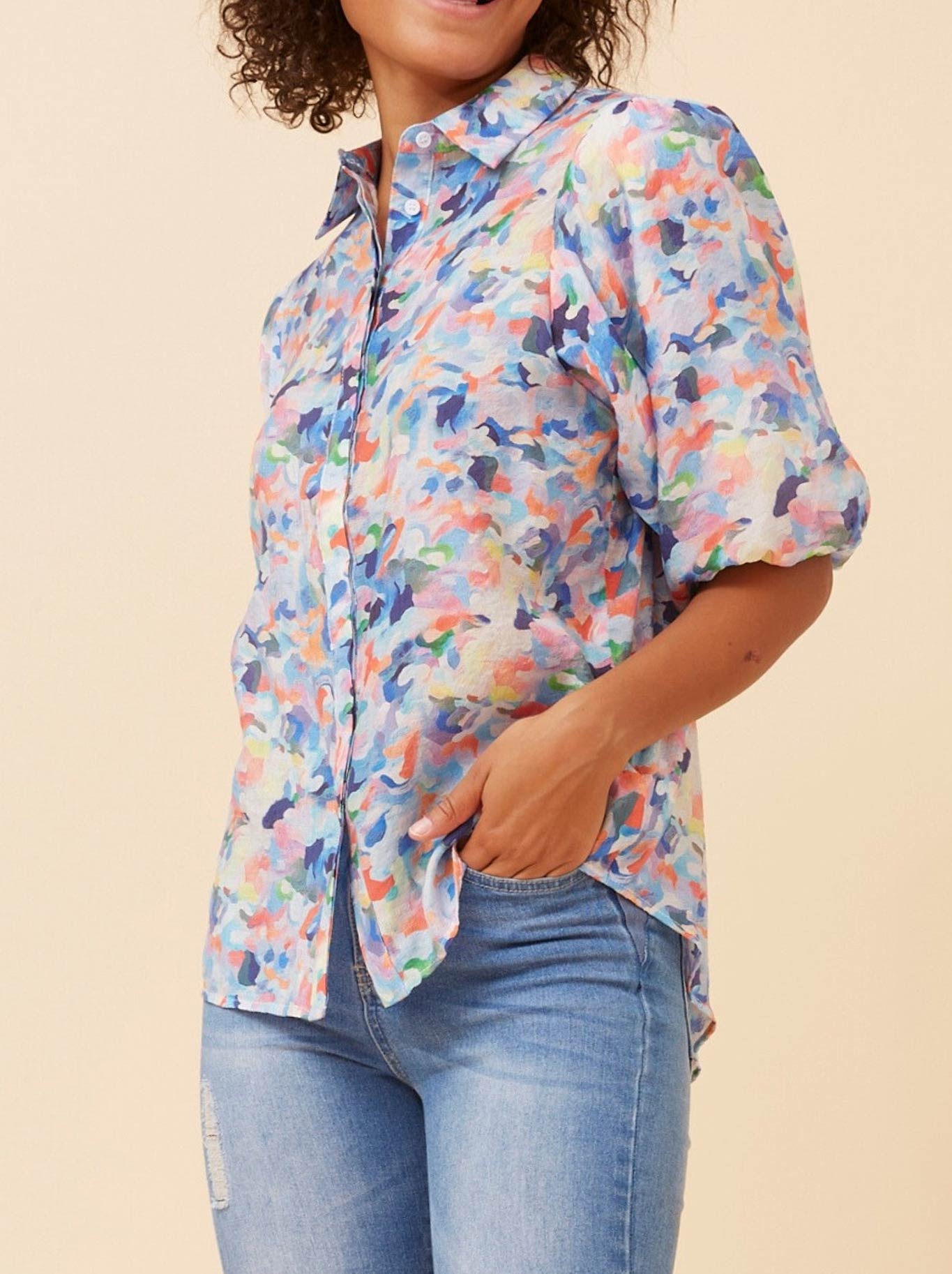 Caroline K Morgan Printed Puff Sleeve Blouse (Multi Blue)