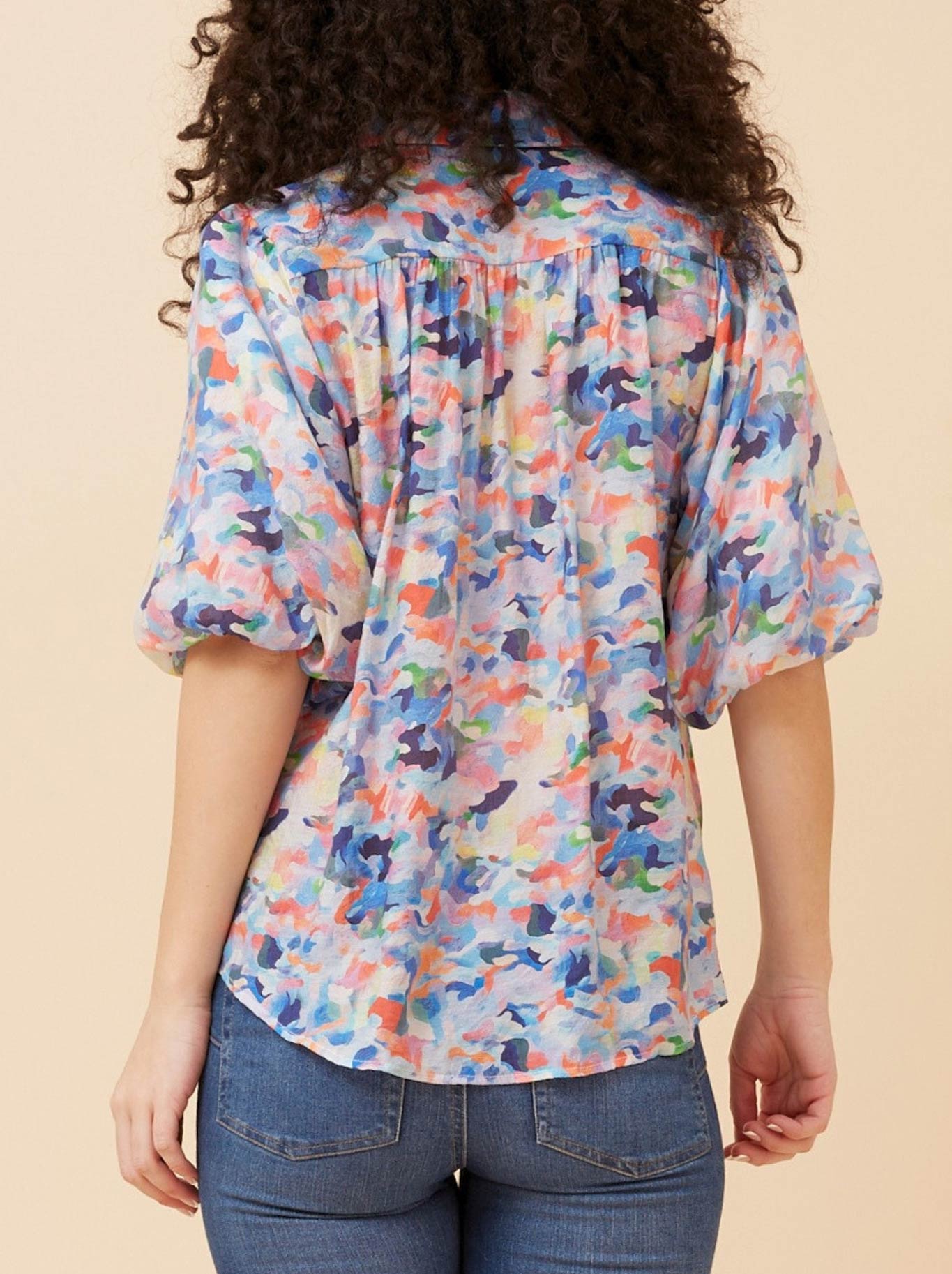 Caroline K Morgan Printed Puff Sleeve Blouse (Multi Blue)