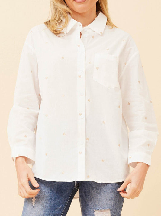 Image of Shirts. Productname: CAROLINE K MORGAN EMBROIDERED HEART SHIRT in White colour by brand - Caroline K Morgan Pty Ltd