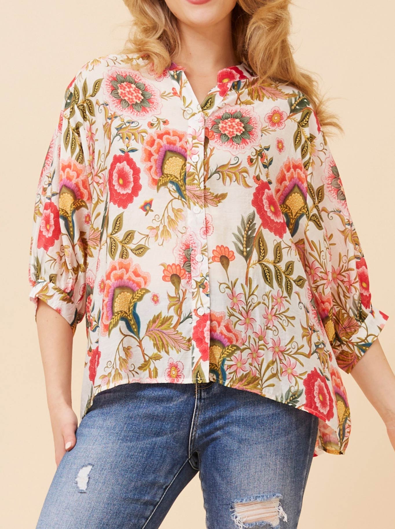 Image of Shirts. Productname: Caroline K Morgan 3/4 Sleeve Shirt With Back Buttons in Pink colour by brand - Caroline K Morgan Pty Ltd