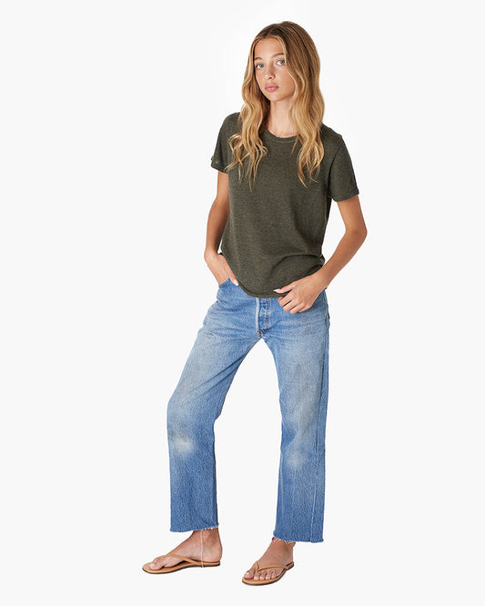 Image of a model wearing Outerwear. Productname: Cashmere Classic Tee Moss in Moss colour by brand - TKEES