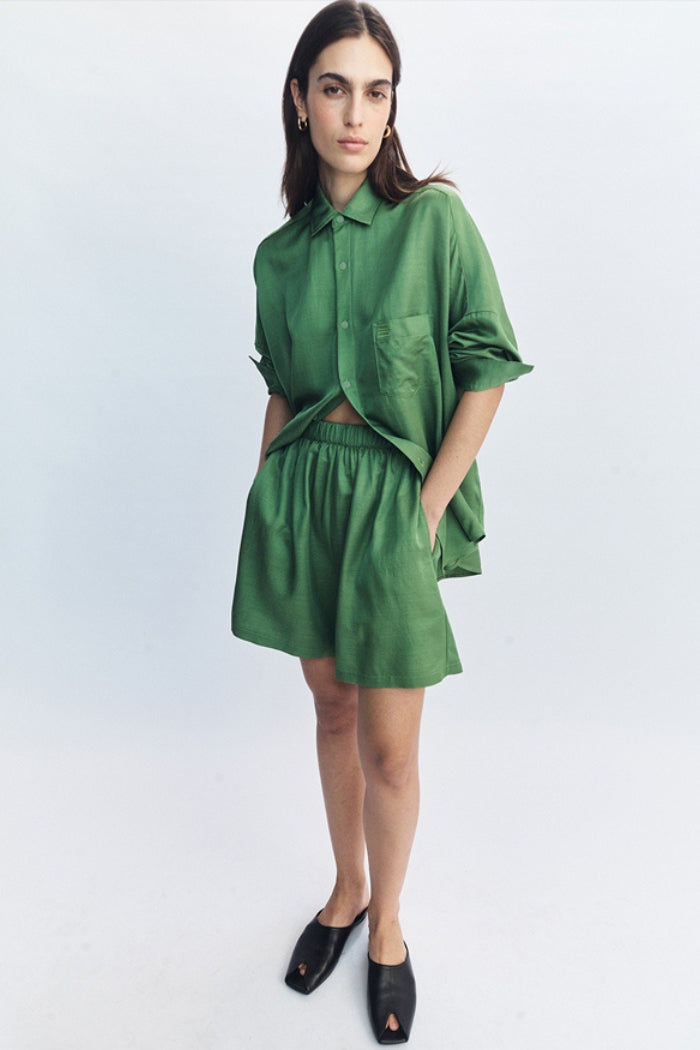 Image of a model wearing Shorts. Product name - Celine Shorts Green in Green colour by brand - Blanca Studio