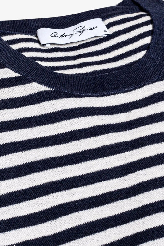 Image of a model wearing Tops. Product name - Chance Navy & White Long Sleeve Knitted T-shirt in White colour by brand - Anthony Squires