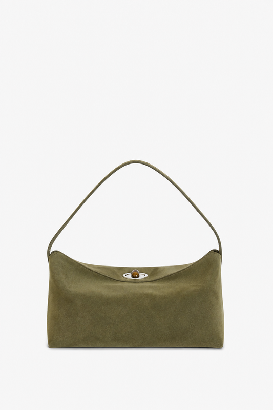 Image of Bags. Product name - Doba Quartz Turnlock Suede Shoulder Bag in Kombu colour by brand - CHRISTOPHER ESBER