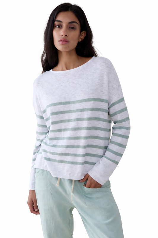 Image of a model wearing Outerwear. Productname: Bobbie Top - in White/Duck Egg colour by brand - Little Lies