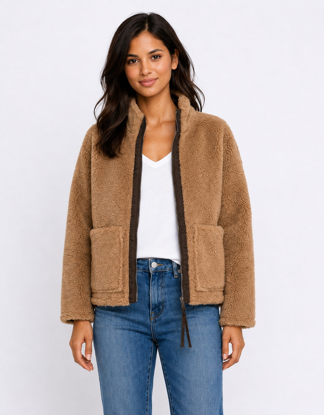 Image of Jackets. Product name - Layla Teddy Fleece Jacket Tan in Tan colour by brand - 132 Fashion