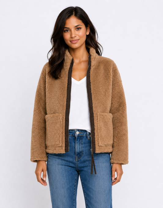 Image of Jackets. Product name - Layla Teddy Fleece Jacket Tan in Tan colour by brand - 132 Fashion