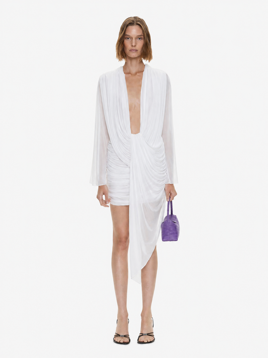 Image of Dresses. Product name - Ripple Drape Long Sleeve Mini Dress in White colour by brand - CHRISTOPHER ESBER