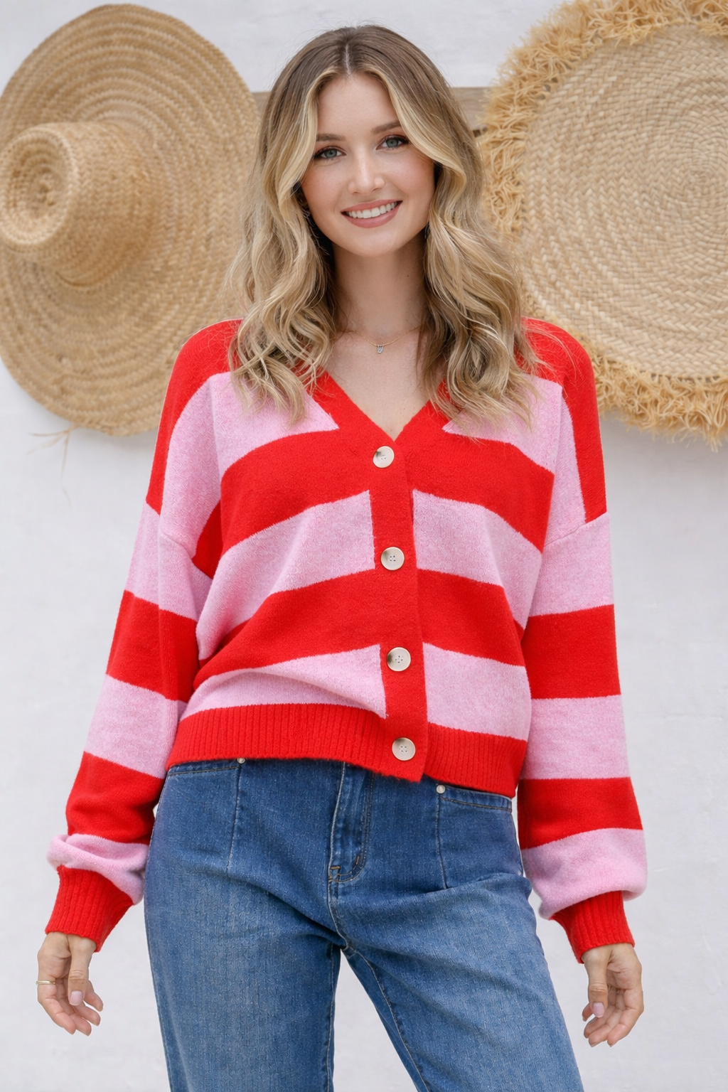132 Fashion Briar Block Stripe Cardi (Red/Pink)