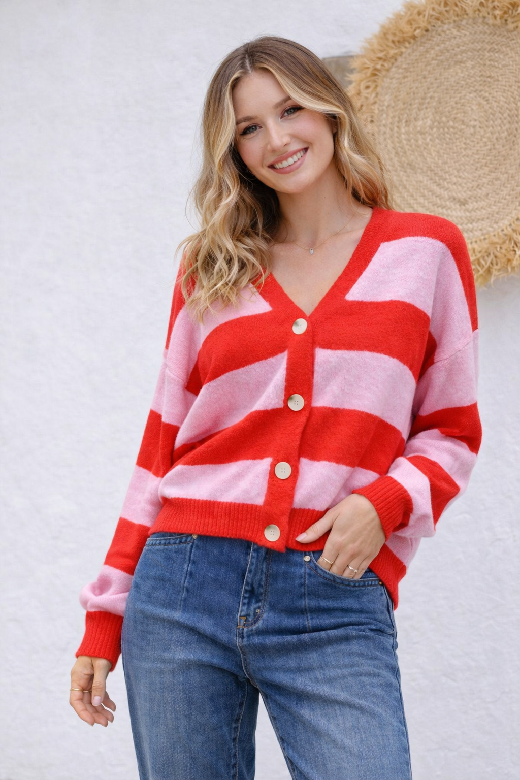 Image of a model wearing Outerwear. Productname: Briar Block Stripe Cardi - in Red/Pink colour by brand - 132 Fashion