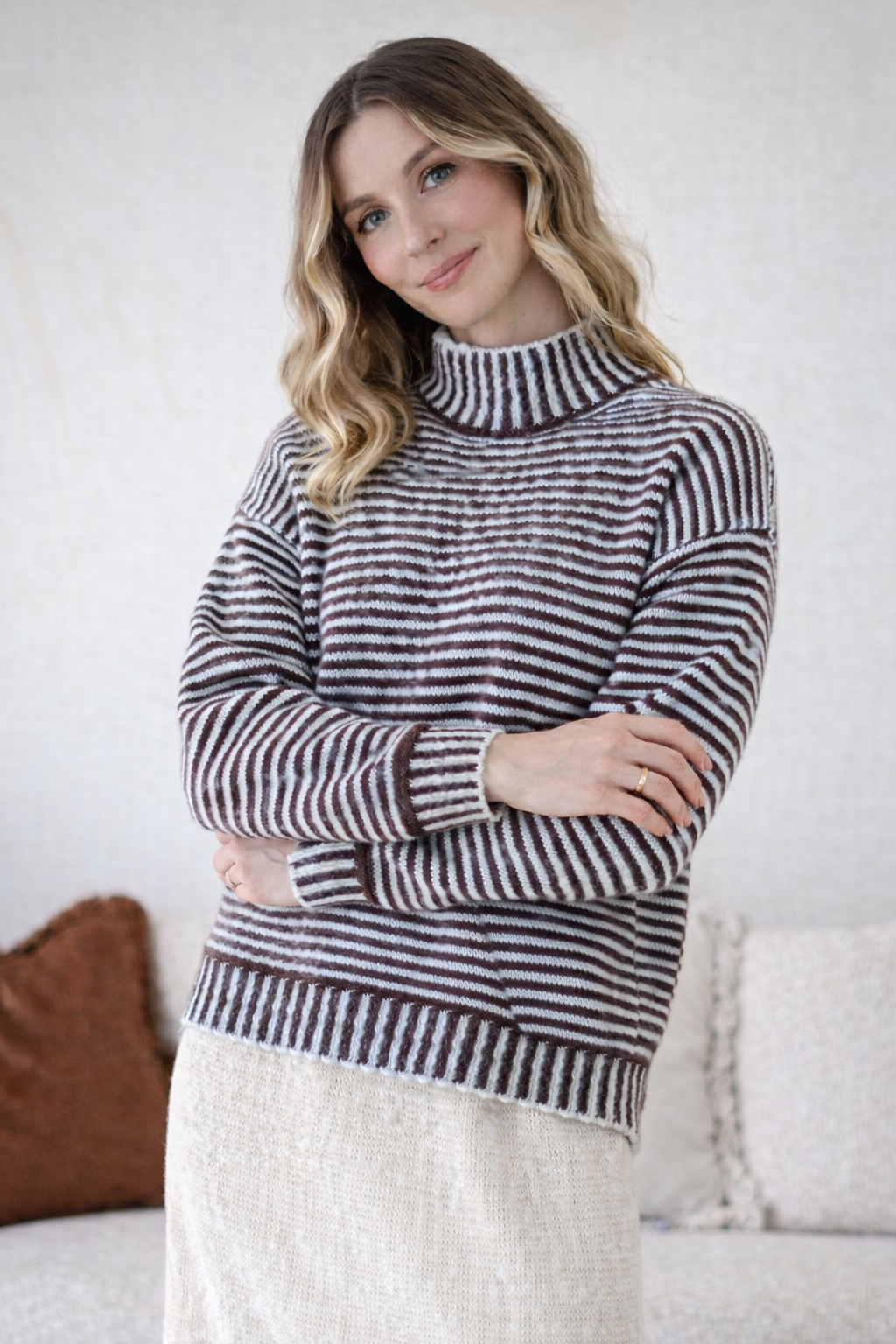 Image of a model wearing Outerwear. Productname: Billie Stripe Knit - in Chocolate/Powder Blue colour by brand - 132 Fashion