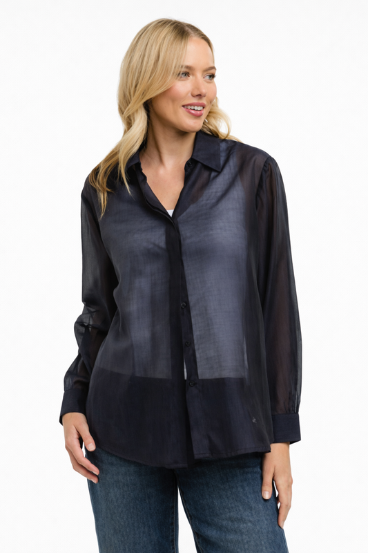 Image of a model wearing Tops. Product name - Georgette Blouse Navy in Navy colour by brand - Urban Luxury