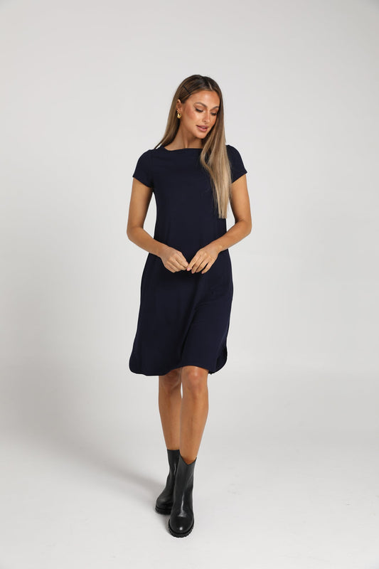 Image of Dresses. Product name - Cher Bamboo Short Sleeve T-Shirt Dress Navy in Navy colour by brand - Lou Lou