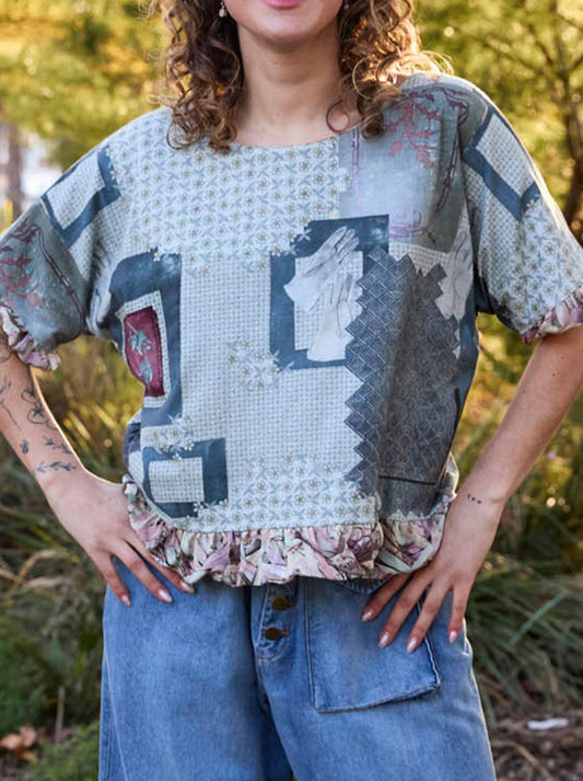 Image of a model wearing Tops. Productname: CIRCULAR BY M.A DAINTY REVERSIBLE RULAN TOP in Gum Leaves/Album colour by brand - M.A Dainty