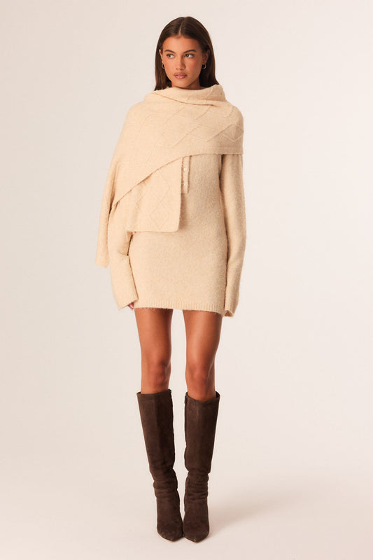 Image of Dresses. Productname: SNDYS YUKI SCARF KNIT MINI DRESS in Cream colour by brand - SNDYS