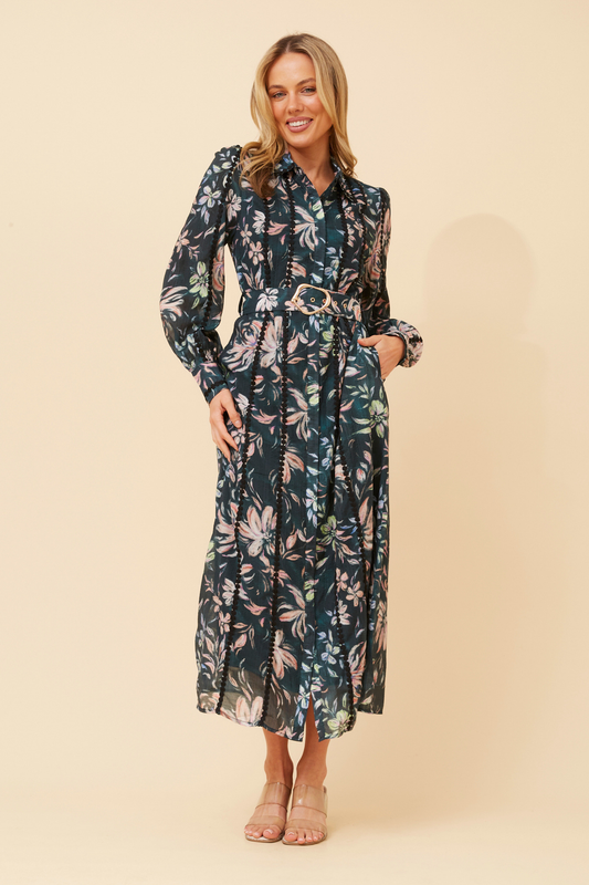 Image of Dresses. Product name - AGATHA FLORAL SHIRT DRESS in Emerald colour by brand - Caroline Morgan Australia