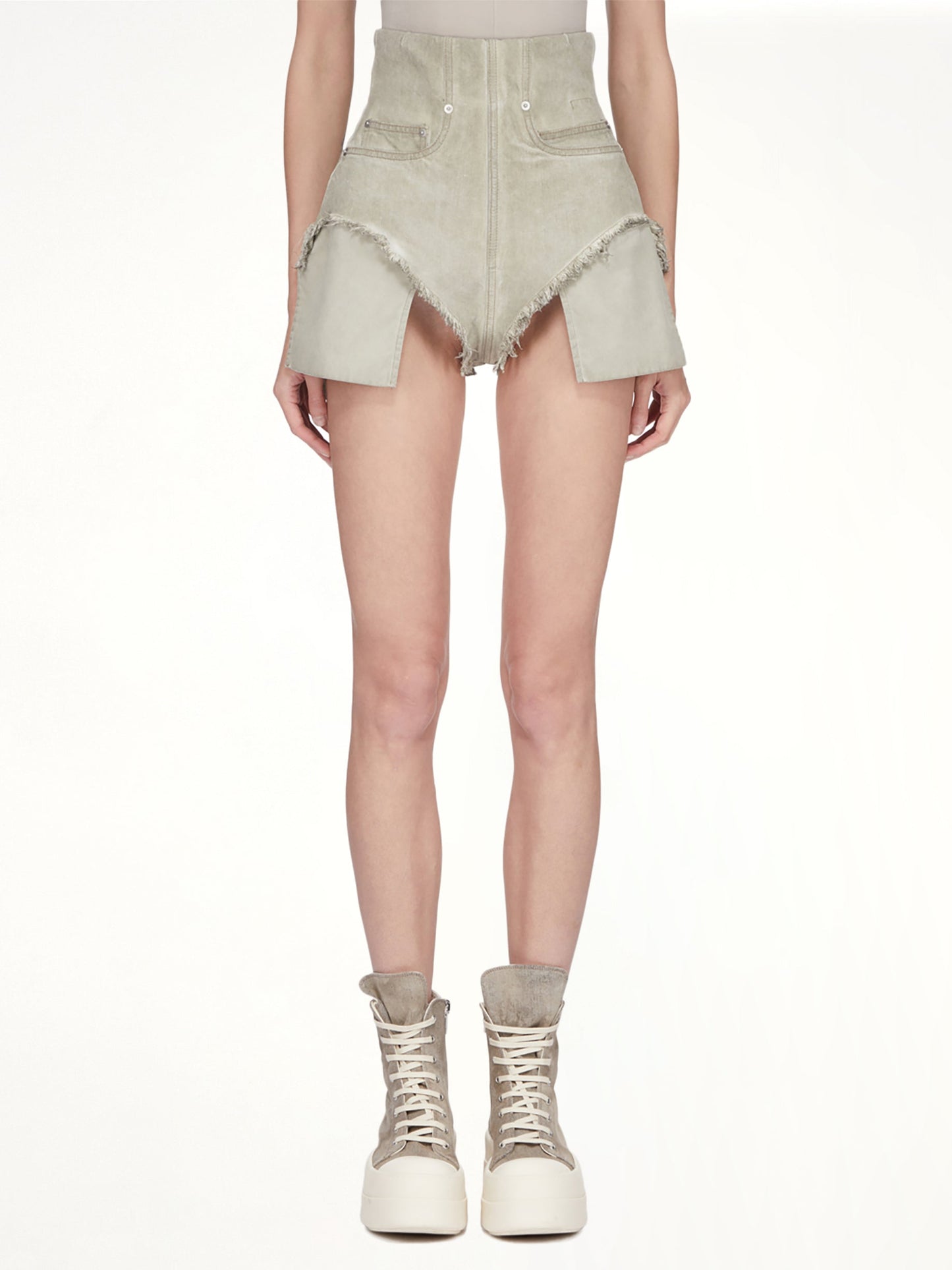 Image of a model wearing Shorts. Product name - Dirt Cutoffs in Beige colour by brand - RICK OWENS DRKSHDW