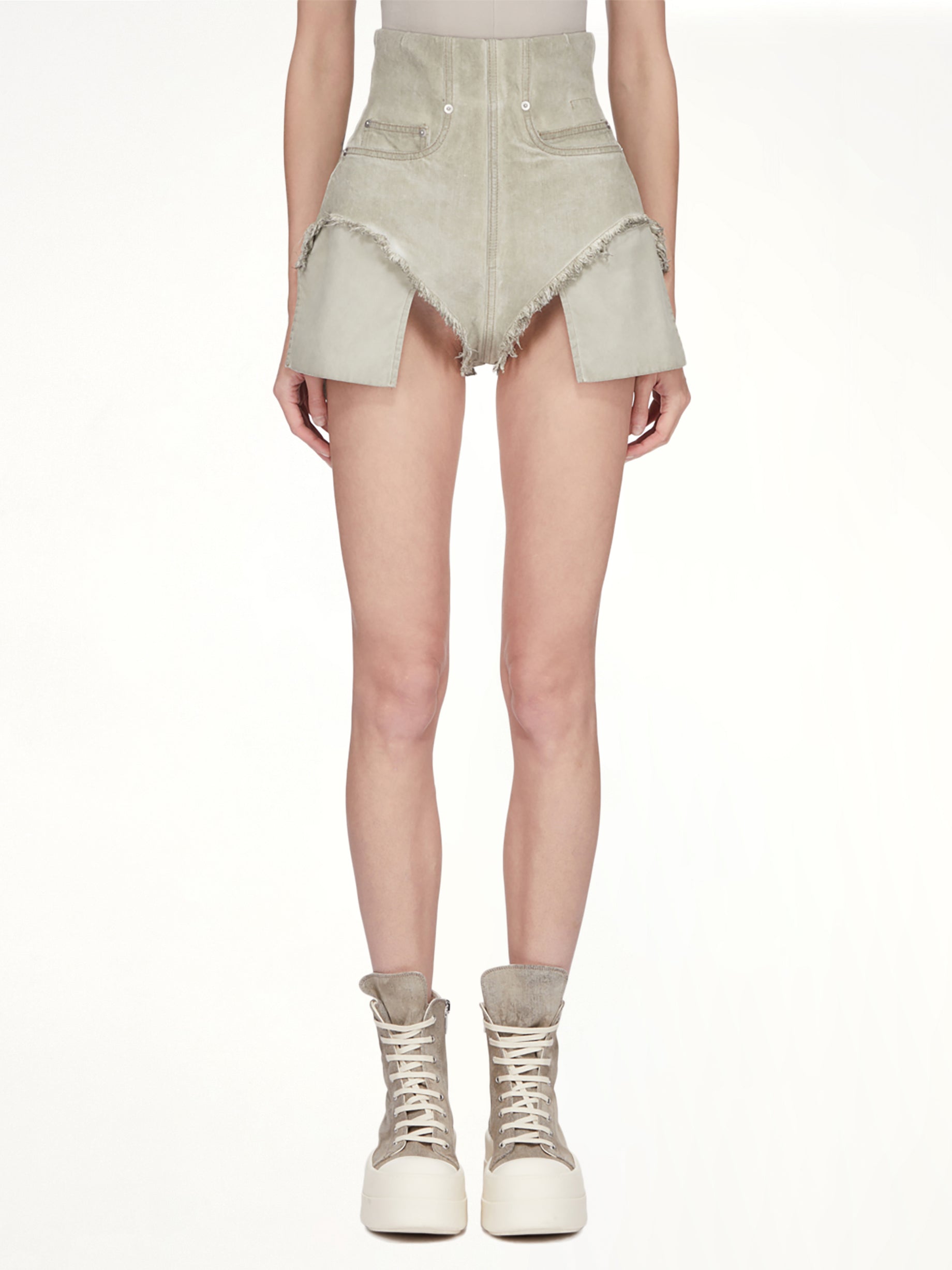 Image of a model wearing Shorts. Product name - Dirt Cutoffs in Beige colour by brand - RICK OWENS DRKSHDW