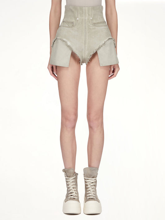 Image of a model wearing Shorts. Product name - Dirt Cutoffs in Beige colour by brand - RICK OWENS DRKSHDW