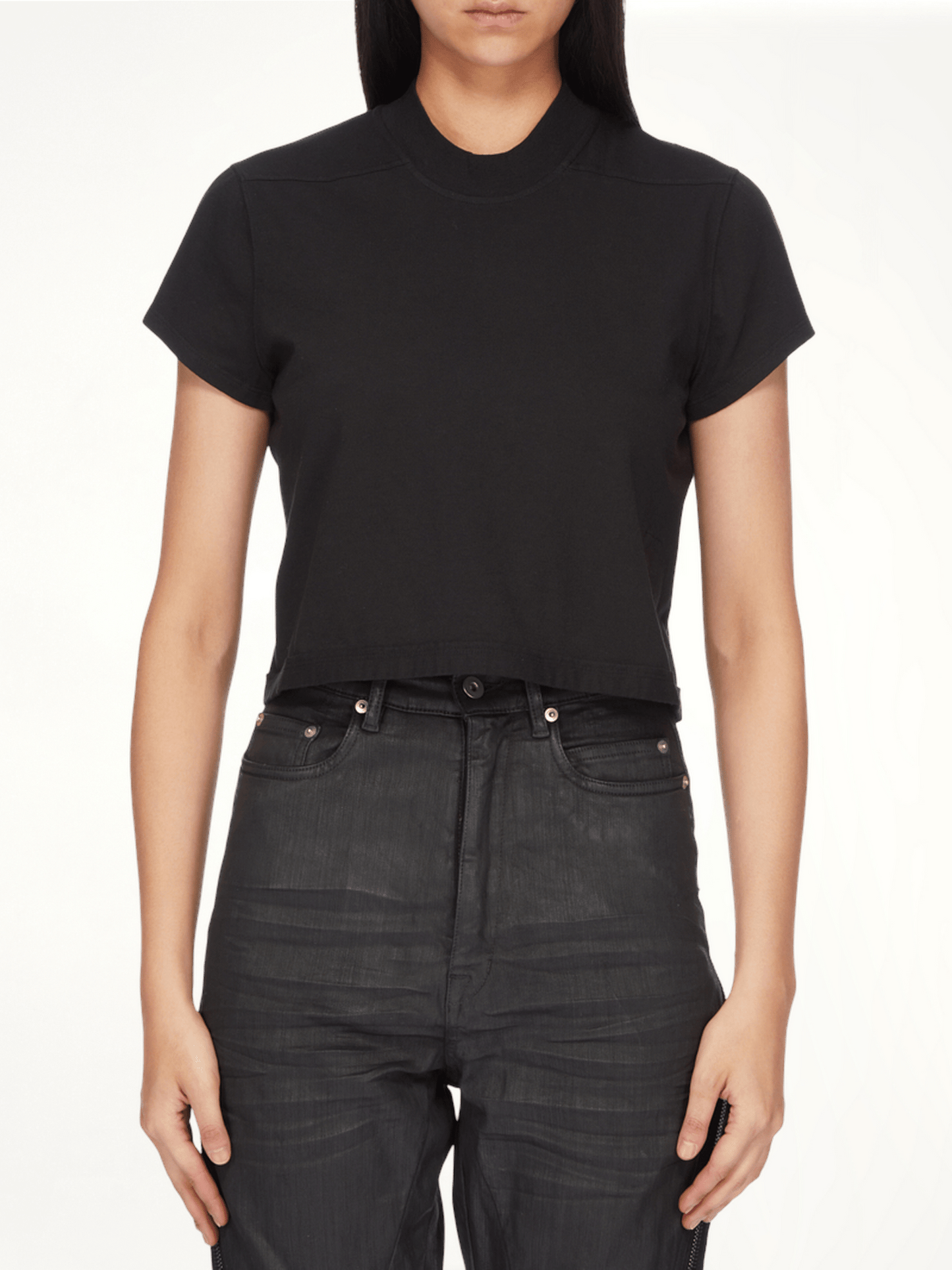 Image of a model wearing Tops. Productname: RICK OWENS DRKSHDW Cropped Small Level T-Shirt in Black colour by brand - RICK OWENS DRKSHDW