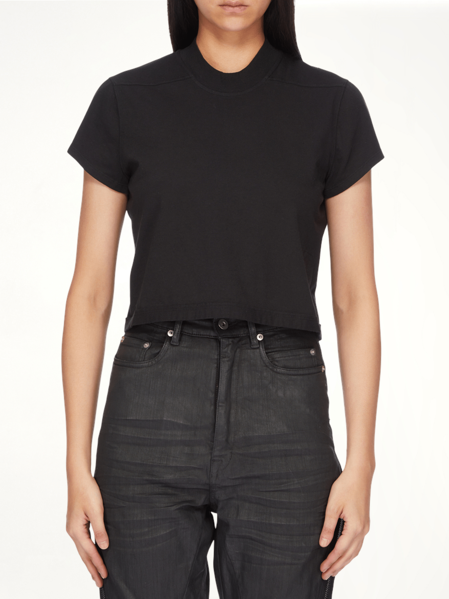 Image of a model wearing Tops. Productname: RICK OWENS DRKSHDW Cropped Small Level T-Shirt in Black colour by brand - RICK OWENS DRKSHDW