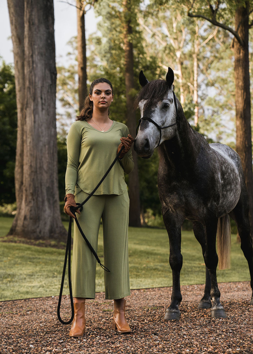 Lou Lou Sia V Neck Bamboo Longsleeve Top Green (Olive)