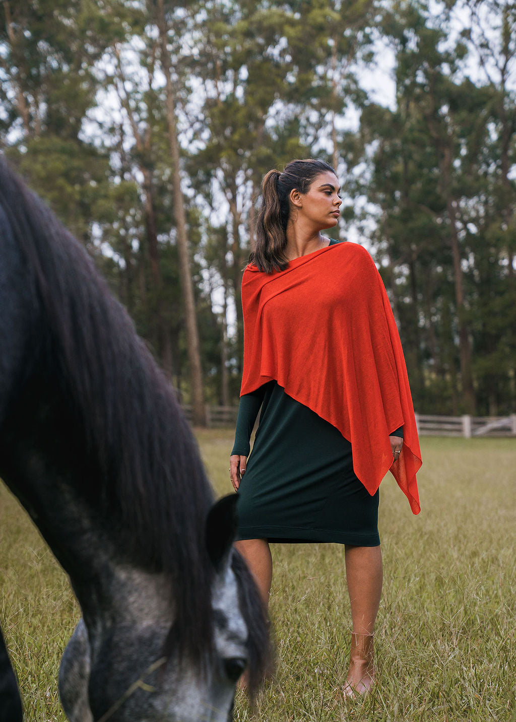 Lou Lou Carrie Cashmere & Bamboo Knit Poncho (Fiery Red)