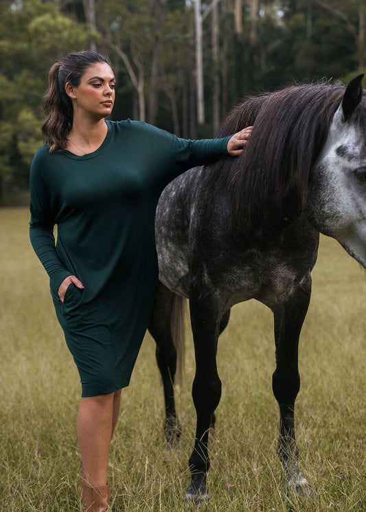 Lou Lou Turner Long-Sleeve Bamboo T-Shirt Dress (Dark Green)
