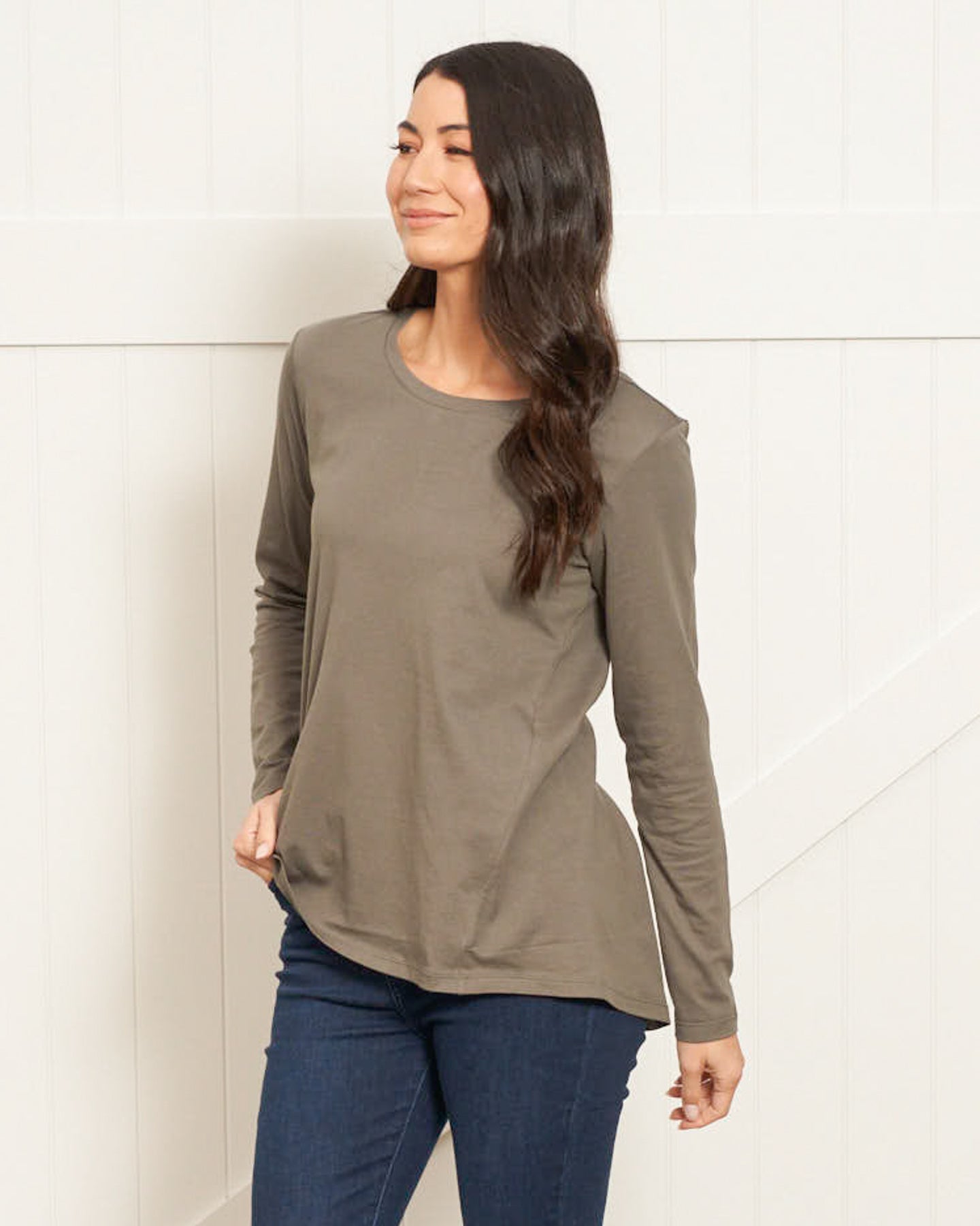 Betty Basics Sydney 100% Australian Cotton Relaxed Trapeze Basic Long Sleeve Tee (Ash Green)