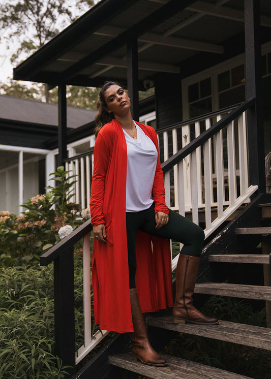Lou Lou Bamboo Longline Pocket Cardigan (Fiery Red)